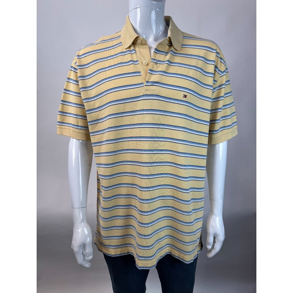 Tommy Hilfiger Yellow & Blue Striped Polo Shirt L Short Sleeve Cotton Made In Sr